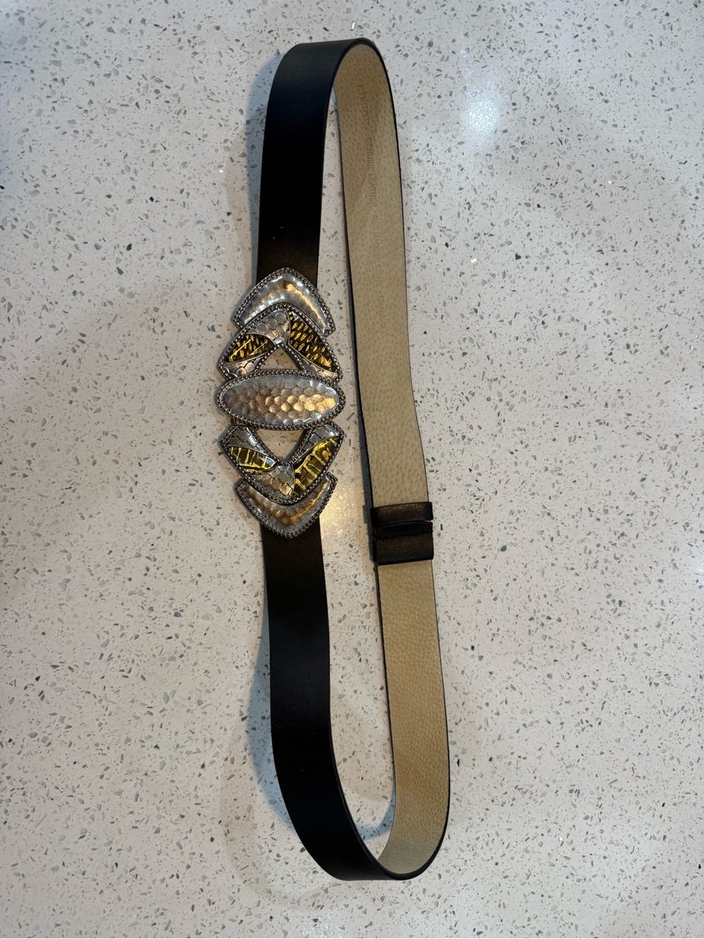 Chico's Black Belt with Gold & Silver Decorative Buckle